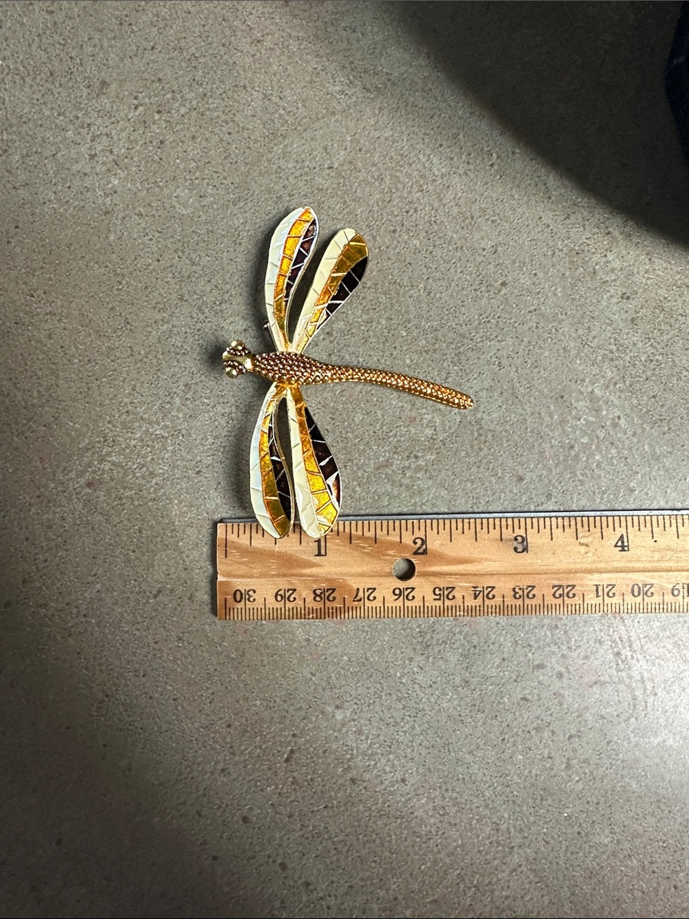 Vintage Gold Tone Dragonfly Brooch with Amber and Cream Enamel - Picture 11 of 16